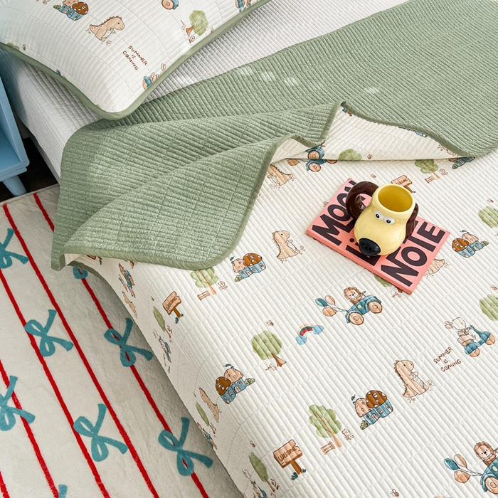 91家纺网 家纺一手货源 找家纺 茉夕家纺 2025新款跑量款双面纯棉印花水洗床盖 动物大会