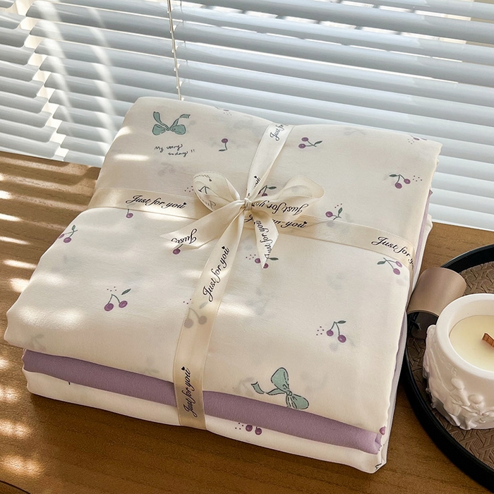 91家纺网 家纺一手货源 找家纺 暖芯优选 2025新款针织棉双层纱四件套小碎花被套床单床笠款学生三件套新款直播热款-叠拍图-系列一 樱桃