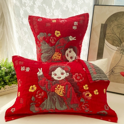 91家纺网 家纺一手货源 找家纺 （总）美宜家 2025高档喜庆大红纯棉情侣枕巾枕套加大加厚