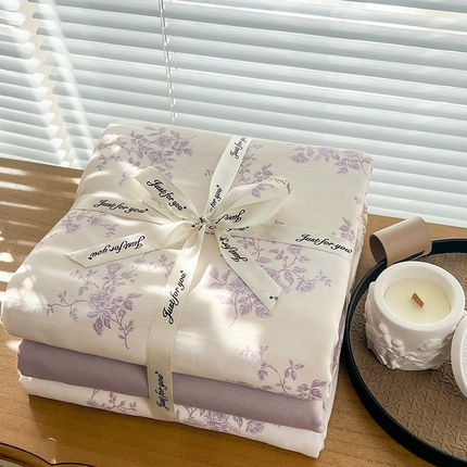 91家纺网 家纺一手货源 找家纺 暖芯优选 2025新款加厚针织棉双层纱四件套小碎花被套床单床笠款学生三件套新款直播热款-叠拍图-系列二 紫熏