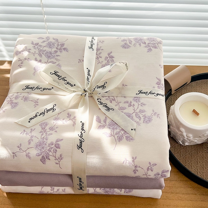 91家纺网 家纺一手货源 找家纺 暖芯优选 2025新款加厚针织棉双层纱四件套小碎花被套床单床笠款学生三件套新款直播热款-叠拍图-系列二 紫熏