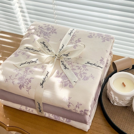 暖芯优选 2025新款加厚针织棉双层纱四件套小碎花被套床单床笠款学生三件套新款直播热款-叠拍图-系列二 紫熏