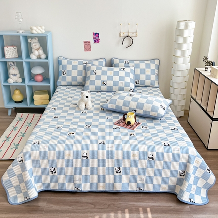 茉夕家纺 2025新款跑量款双面纯棉印花水洗床盖 小熊猫蓝