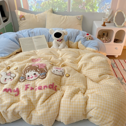 （买家秀爆款不断货）A类母婴级毛巾绣牛奶绒四件套珊瑚绒四件套雪花绒四件套刺绣牛奶绒毛巾绣四件套小清新 黄格小女孩