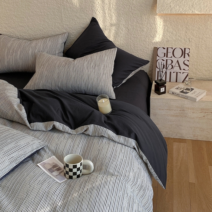 91家纺网 家纺一手货源 找家纺 琪格格 2025新款纯棉简约提花宅寂风格四件套  速写-提花黑条