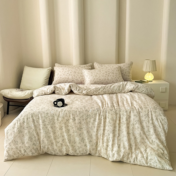 91家纺网 家纺一手货源 找家纺 2025新款针织棉双层纱四件套小碎花被套床单床笠款学生三件套新款直播热款-床图-系列一 安琪拉