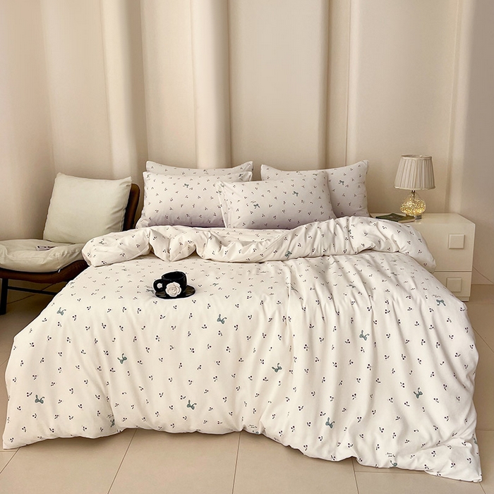 91家纺网 家纺一手货源 找家纺 2025新款针织棉双层纱四件套小碎花被套床单床笠款学生三件套新款直播热款-床图-系列一 樱桃