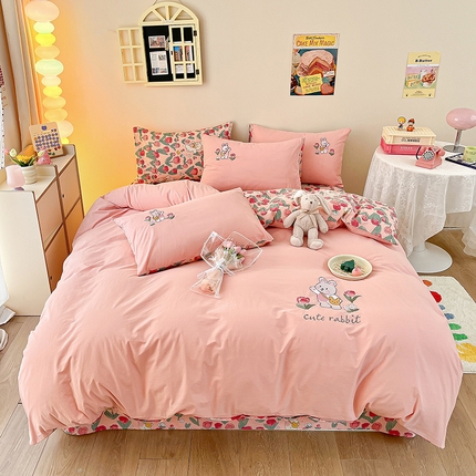 雅居纺家纺 2025新款全棉水洗棉绣花四件套 小兔兔