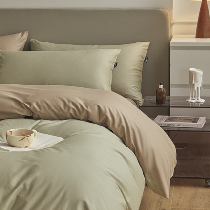 卧趣家纺 2025新品全棉A类长绒棉纯色双拼四件套 果绿+大麦茶