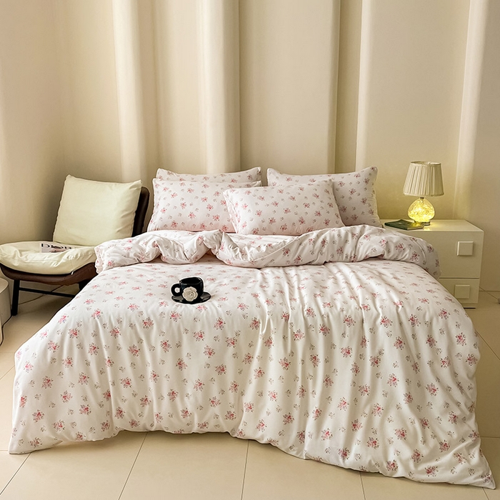 91家纺网 家纺一手货源 找家纺 2025新款针织棉双层纱四件套小碎花被套床单床笠款学生三件套新款直播热款-床图-系列一 婉然