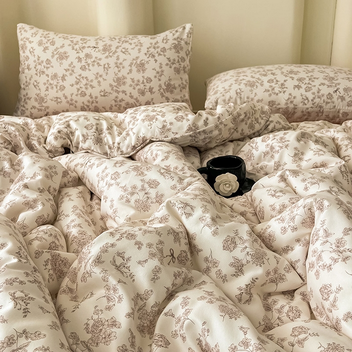 91家纺网 家纺一手货源 找家纺 2025新款针织棉双层纱四件套小碎花被套床单床笠款学生三件套新款直播热款-床图-系列一 花期