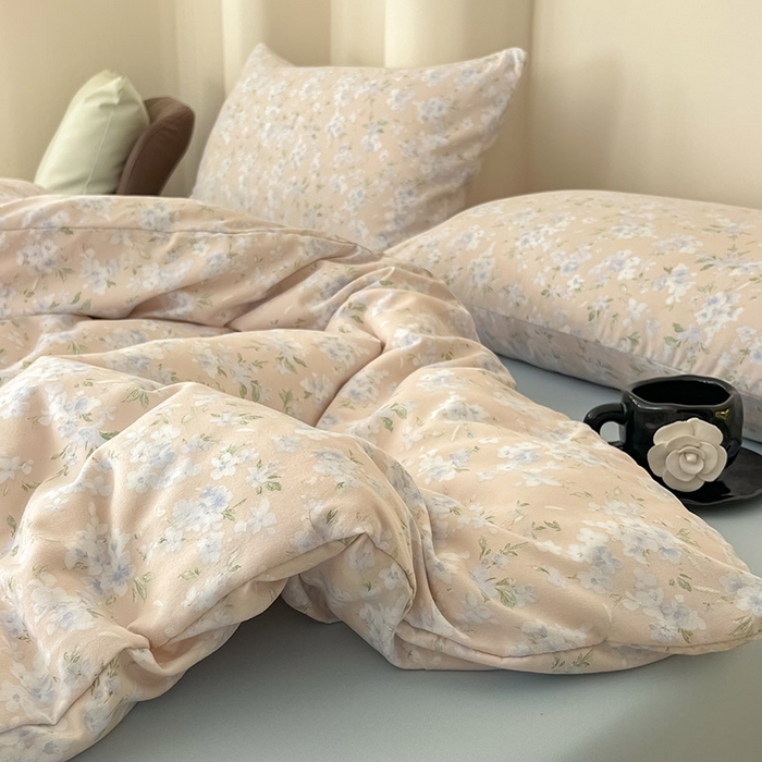 91家纺网 家纺一手货源 找家纺 2025新款针织棉双层纱四件套小碎花被套床单床笠款学生三件套新款直播热款-床图-系列一 萱花