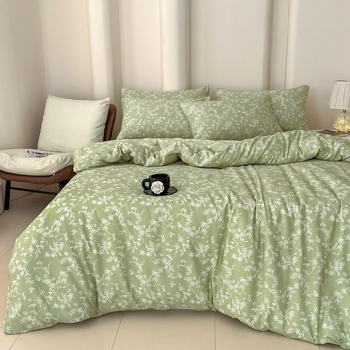 91家纺网 家纺一手货源 找家纺 2025新款针织棉双层纱四件套小碎花被套床单床笠款学生三件套新款直播热款-床图-系列一 悠若