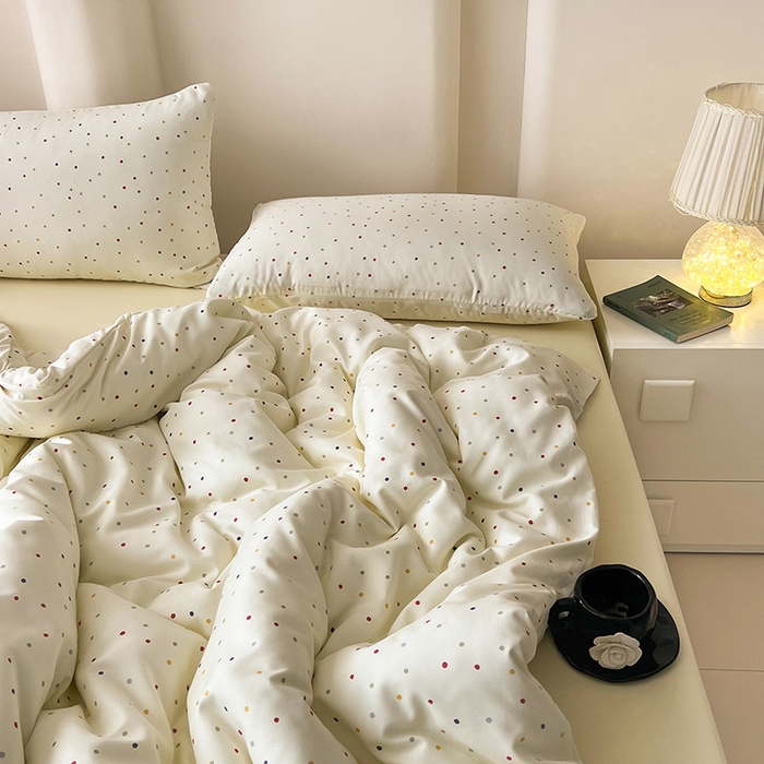 91家纺网 家纺一手货源 找家纺 2025新款针织棉双层纱四件套小碎花被套床单床笠款学生三件套新款直播热款-床图-系列一 点点