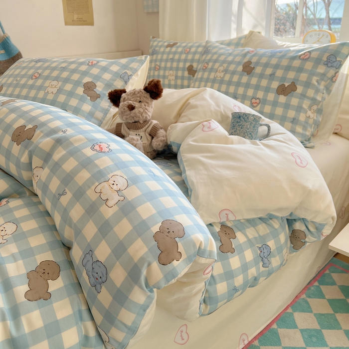 91家纺网 家纺一手货源 找家纺 六巷胡同 2025新款ins减龄可爱风卡通全棉四件套第一系 蓝格奶油狗