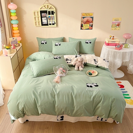 雅居纺家纺 2025新款全棉水洗棉绣花四件套 熊猫墩墩