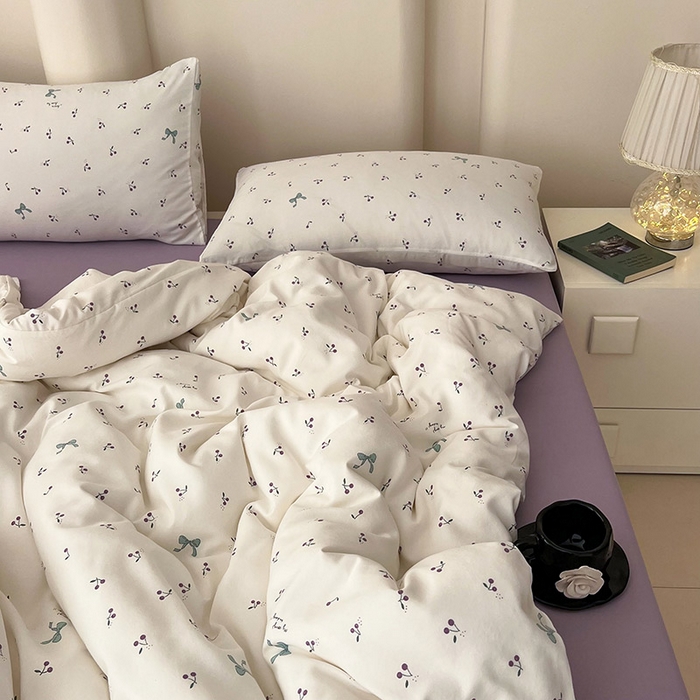 91家纺网 家纺一手货源 找家纺 2025新款针织棉双层纱四件套小碎花被套床单床笠款学生三件套新款直播热款-床图-系列一 樱桃