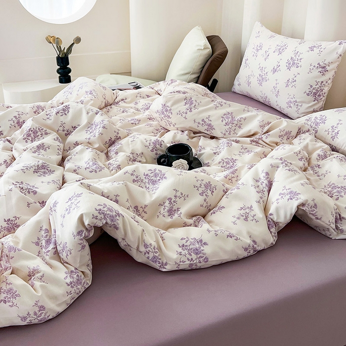 91家纺网 家纺一手货源 找家纺 暖芯优选 2025新款针织棉双层纱四件套小碎花被套床单床笠款学生三件套新款直播热款-床图-系列二 紫熏