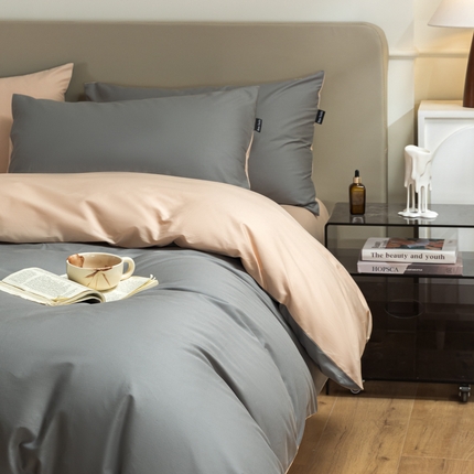 卧趣家纺 2025新品全棉A类长绒棉纯色双拼四件套 月岩灰+白桃粉