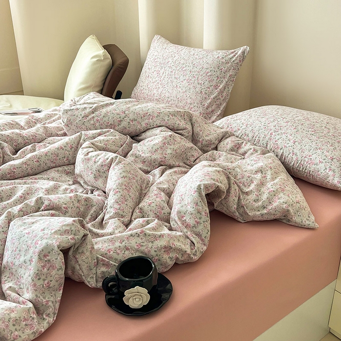 91家纺网 家纺一手货源 找家纺 暖芯优选 2025新款针织棉双层纱四件套小碎花被套床单床笠款学生三件套新款直播热款-床图-系列二 花叶扶