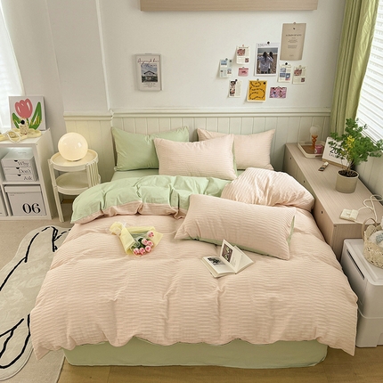 雅居纺家纺 2025新款全棉泡泡纱四件套 泡泡纱粉+清新绿