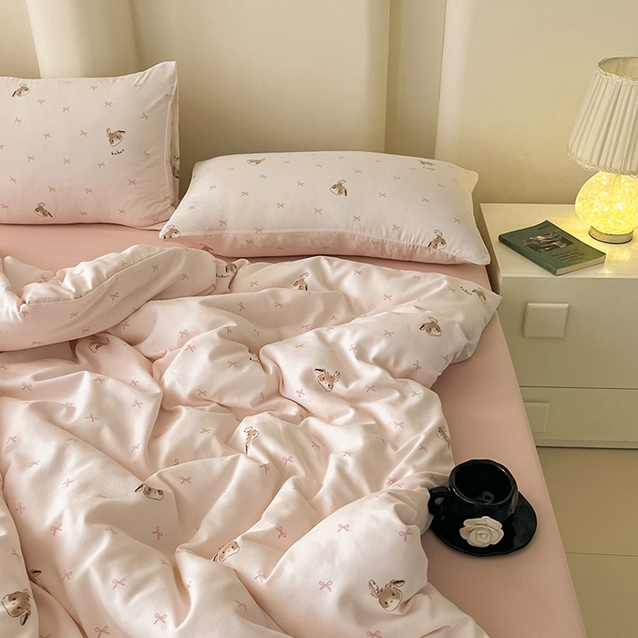 91家纺网 家纺一手货源 找家纺 2025新款针织棉双层纱四件套小碎花被套床单床笠款学生三件套新款直播热款-床图-系列一 绅士小兔