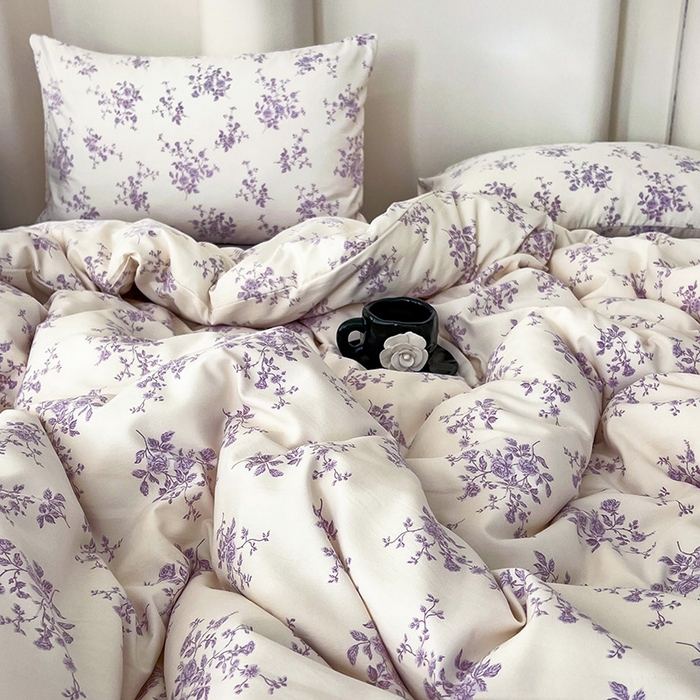 91家纺网 家纺一手货源 找家纺 暖芯优选 2025新款针织棉双层纱四件套小碎花被套床单床笠款学生三件套新款直播热款-床图-系列二 紫熏