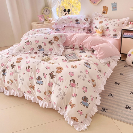 91家纺网 家纺一手货源 找家纺 （总）思诺羽床笠 2025新款奶乎乎印花水洗棉高克重花边四件套 专版花型