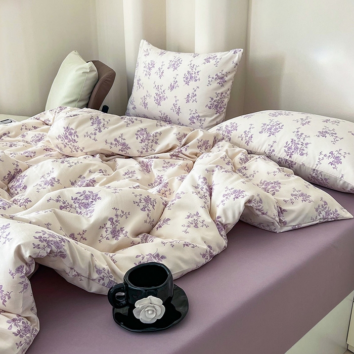 91家纺网 家纺一手货源 找家纺 暖芯优选 2025新款针织棉双层纱四件套小碎花被套床单床笠款学生三件套新款直播热款-床图-系列二 紫熏