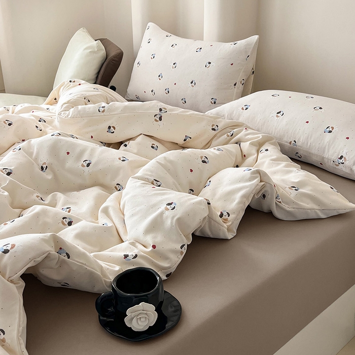 91家纺网 家纺一手货源 找家纺 2025新款针织棉双层纱四件套小碎花被套床单床笠款学生三件套新款直播热款-床图-系列一 萌宠