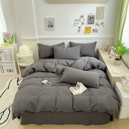 雅居纺家纺 2025新款全棉泡泡纱四件套 泡泡纱黑茶