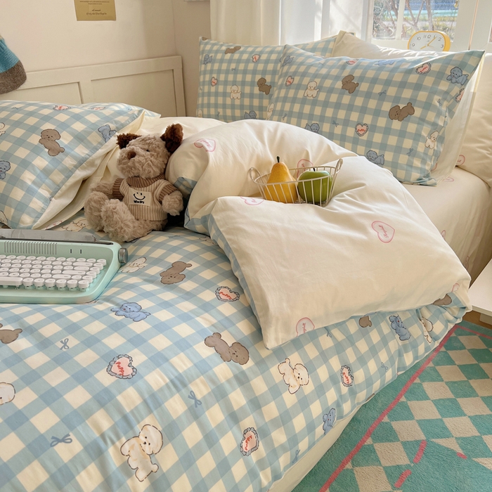 91家纺网 家纺一手货源 找家纺 六巷胡同 2025新款ins减龄可爱风卡通全棉四件套第一系 蓝格奶油狗