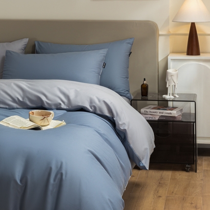 卧趣家纺 2025新品全棉A类长绒棉纯色双拼四件套 莱茵蓝+薄雾蓝