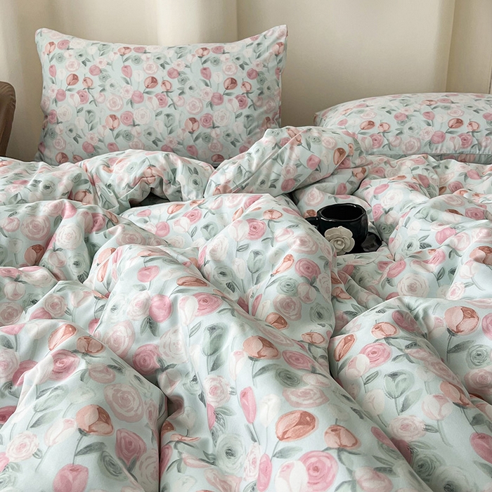 91家纺网 家纺一手货源 找家纺 2025新款针织棉双层纱四件套小碎花被套床单床笠款学生三件套新款直播热款-床图-系列一 花千朵