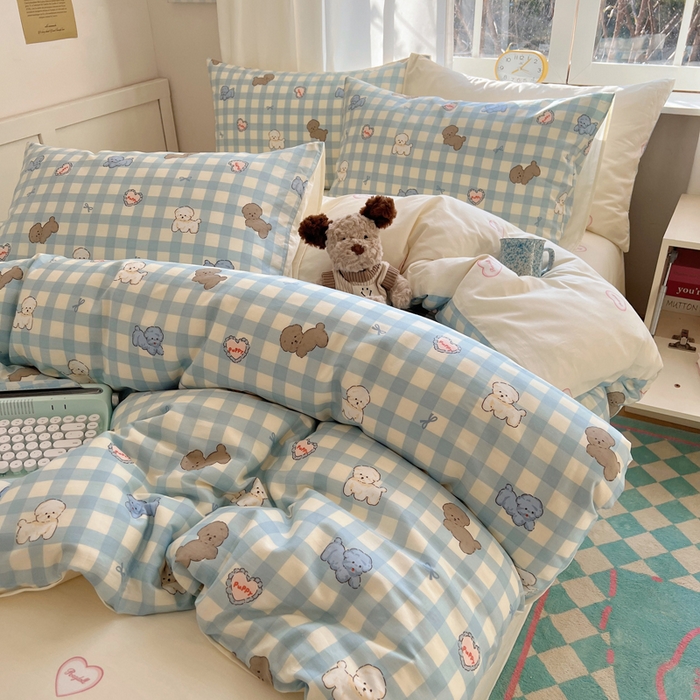 91家纺网 家纺一手货源 找家纺 六巷胡同 2025新款ins减龄可爱风卡通全棉四件套第一系 蓝格奶油狗