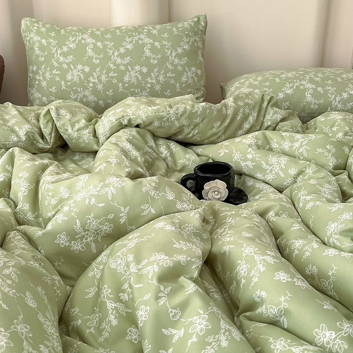 91家纺网 家纺一手货源 找家纺 2025新款针织棉双层纱四件套小碎花被套床单床笠款学生三件套新款直播热款-床图-系列一 悠若