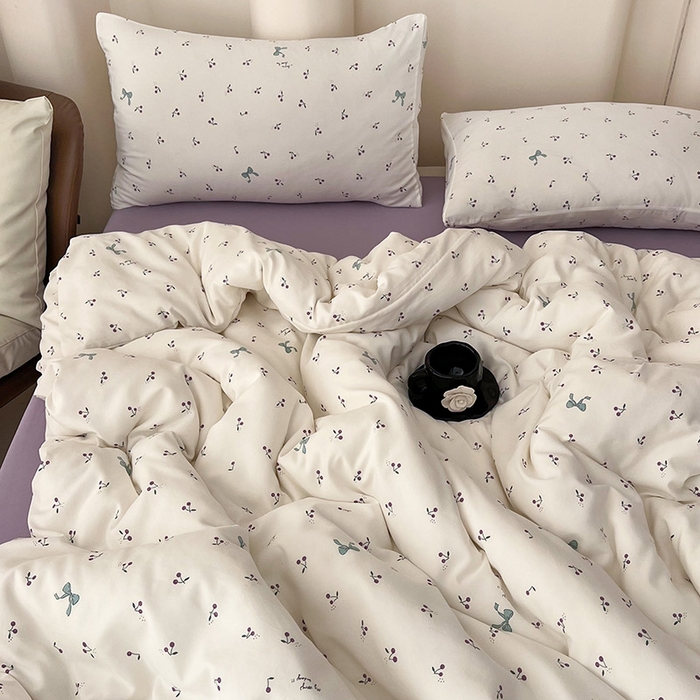 91家纺网 家纺一手货源 找家纺 2025新款针织棉双层纱四件套小碎花被套床单床笠款学生三件套新款直播热款-床图-系列一 樱桃