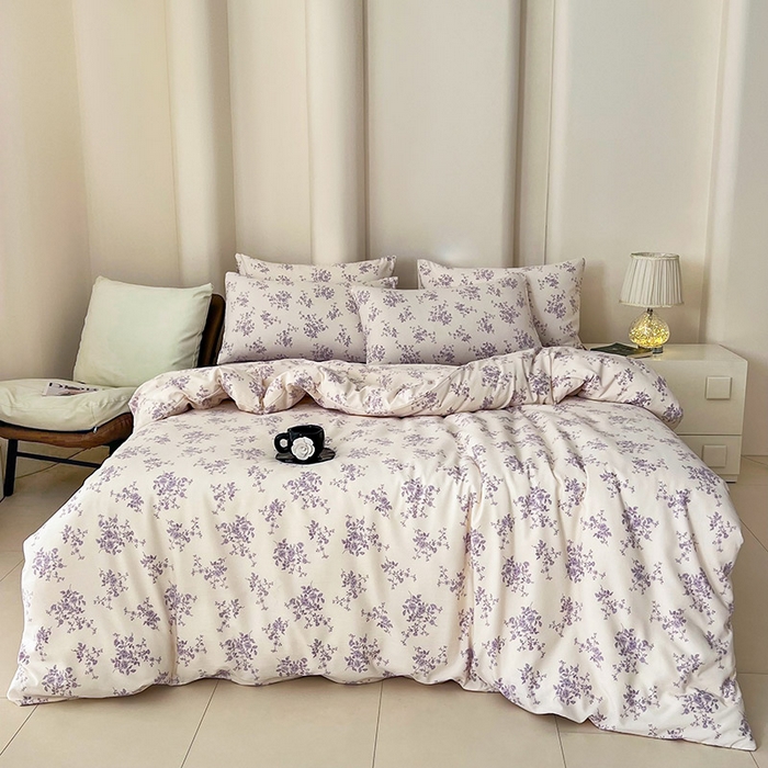 91家纺网 家纺一手货源 找家纺 暖芯优选 2025新款针织棉双层纱四件套小碎花被套床单床笠款学生三件套新款直播热款-床图-系列二 紫熏