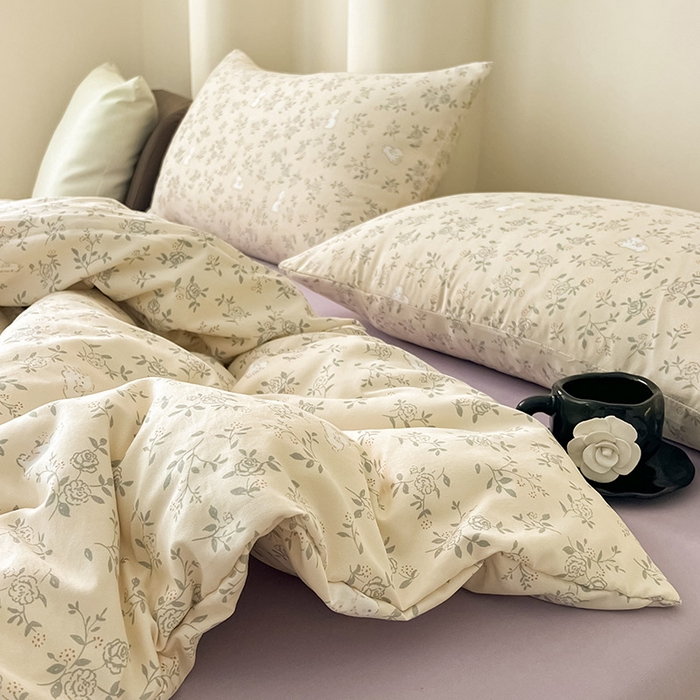 91家纺网 家纺一手货源 找家纺 2025新款针织棉双层纱四件套小碎花被套床单床笠款学生三件套新款直播热款-床图-系列一 安琪拉