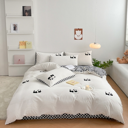 雅居纺家纺 2025新款全棉满版毛巾绣四件套 熊猫乐乐