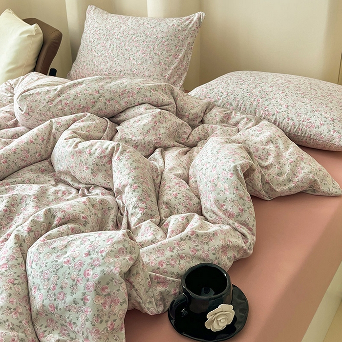 91家纺网 家纺一手货源 找家纺 暖芯优选 2025新款针织棉双层纱四件套小碎花被套床单床笠款学生三件套新款直播热款-床图-系列二 花叶扶