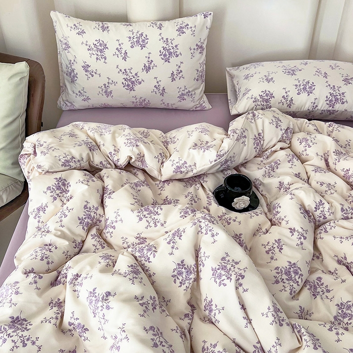 91家纺网 家纺一手货源 找家纺 暖芯优选 2025新款针织棉双层纱四件套小碎花被套床单床笠款学生三件套新款直播热款-床图-系列二 紫熏
