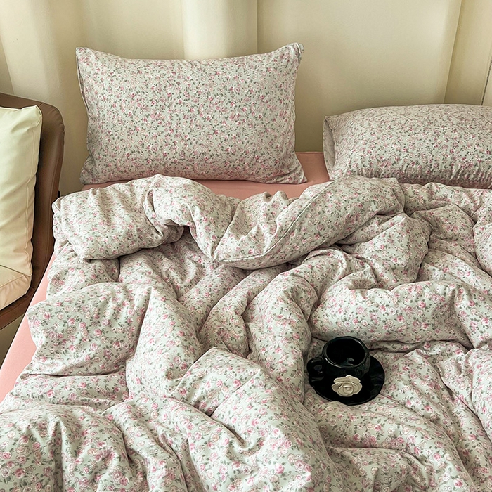 91家纺网 家纺一手货源 找家纺 暖芯优选 2025新款针织棉双层纱四件套小碎花被套床单床笠款学生三件套新款直播热款-床图-系列二 花叶扶