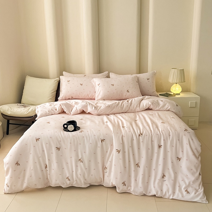 91家纺网 家纺一手货源 找家纺 2025新款针织棉双层纱四件套小碎花被套床单床笠款学生三件套新款直播热款-床图-系列一 绅士小兔