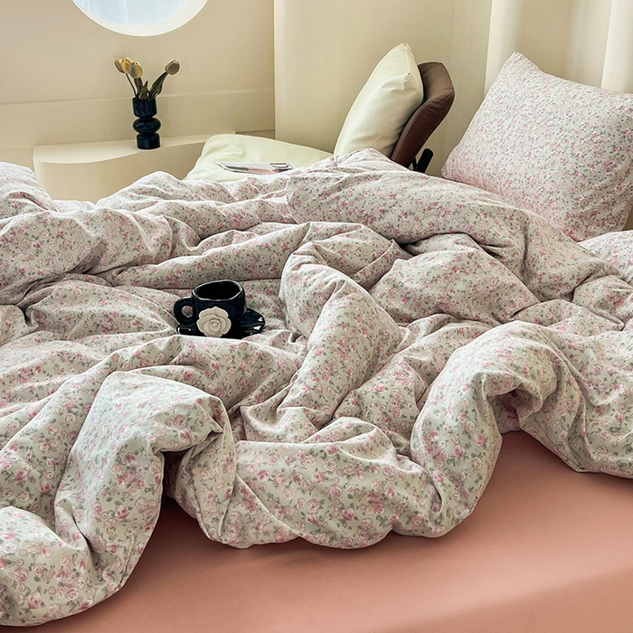 91家纺网 家纺一手货源 找家纺 暖芯优选 2025新款针织棉双层纱四件套小碎花被套床单床笠款学生三件套新款直播热款-床图-系列二 花叶扶