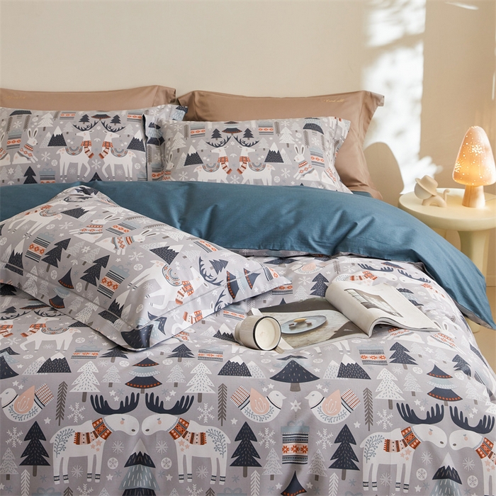 91家纺网 家纺一手货源 找家纺 由丽家纺 2025新款全棉柔棉印花四件套 奇遇-灰