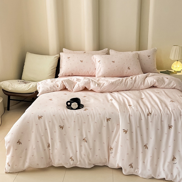 91家纺网 家纺一手货源 找家纺 2025新款针织棉双层纱四件套小碎花被套床单床笠款学生三件套新款直播热款-床图-系列一 绅士小兔