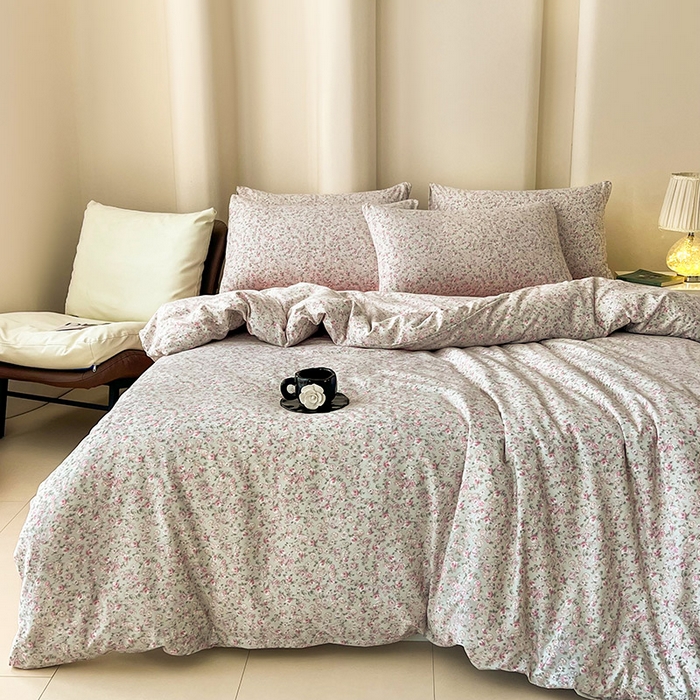 91家纺网 家纺一手货源 找家纺 暖芯优选 2025新款针织棉双层纱四件套小碎花被套床单床笠款学生三件套新款直播热款-床图-系列二 花叶扶