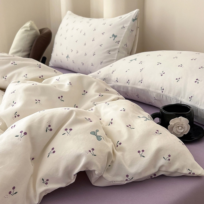 91家纺网 家纺一手货源 找家纺 2025新款针织棉双层纱四件套小碎花被套床单床笠款学生三件套新款直播热款-床图-系列一 樱桃