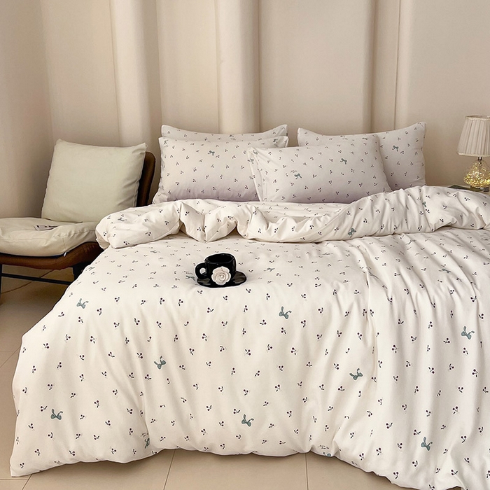 91家纺网 家纺一手货源 找家纺 2025新款针织棉双层纱四件套小碎花被套床单床笠款学生三件套新款直播热款-床图-系列一 樱桃